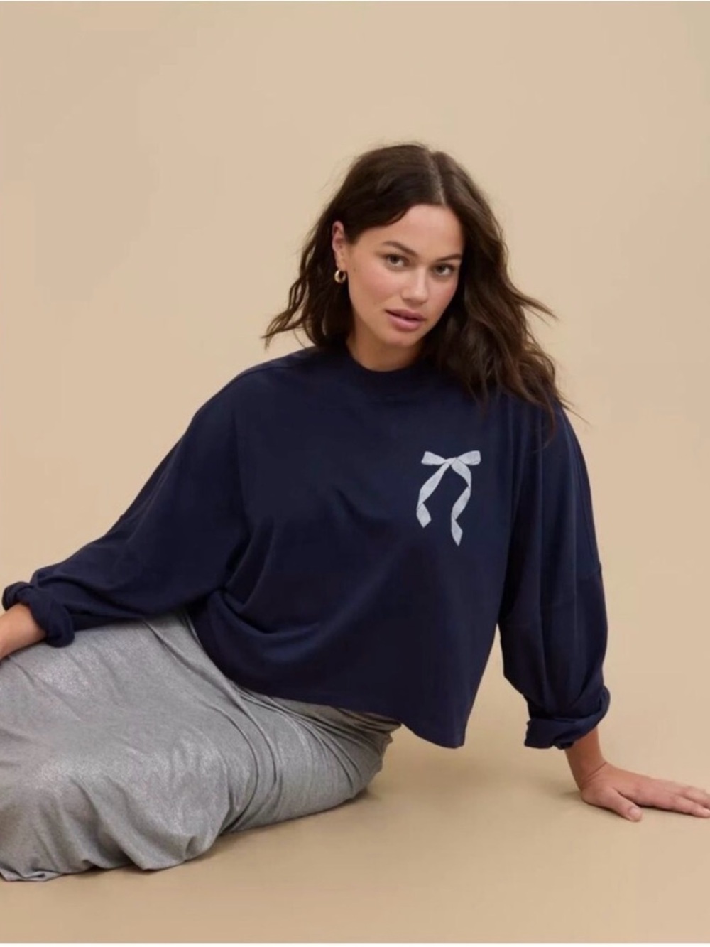 Aerie Navy Blue Bow-Print Oversized Long Sleeve Top Size Medium